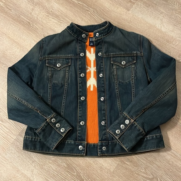 Vintage GAP Denim Jacket Orange Lambs’Wool Lining with White Snowflake Size L - Picture 3 of 11